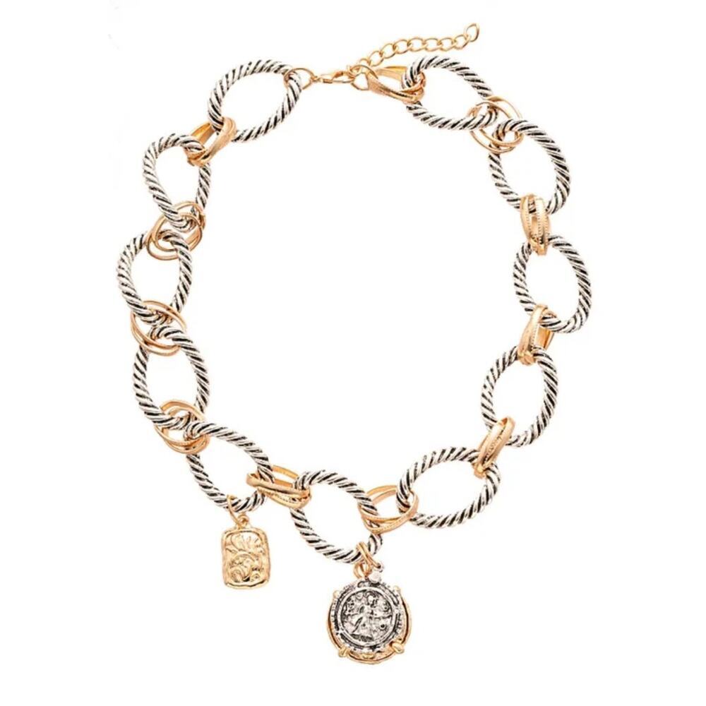 Zara Stainless Steel Two Tone Coin Statement Necklace Chunky Vintage Luxe Boho - Picture 12 of 15